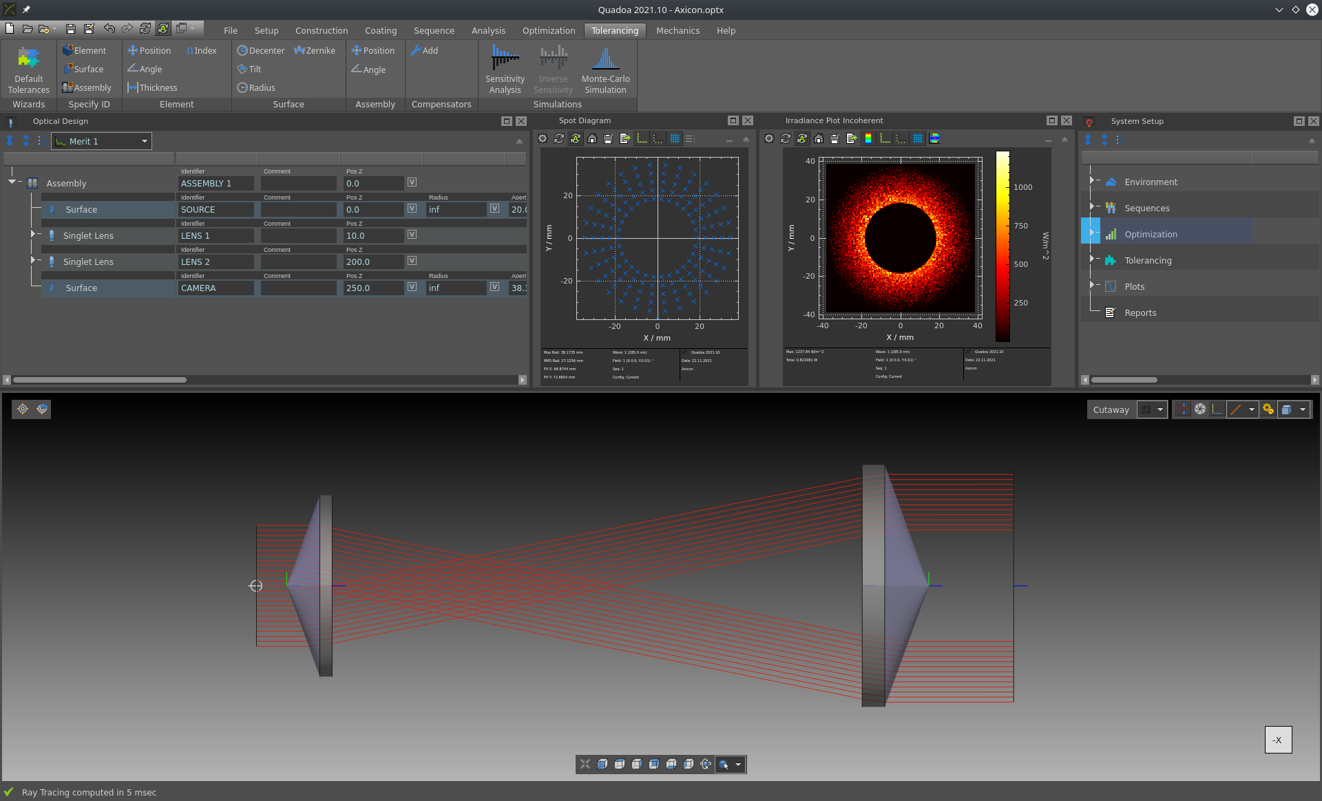 Axicon lens system in the optical design software Quadoa Optical CAD