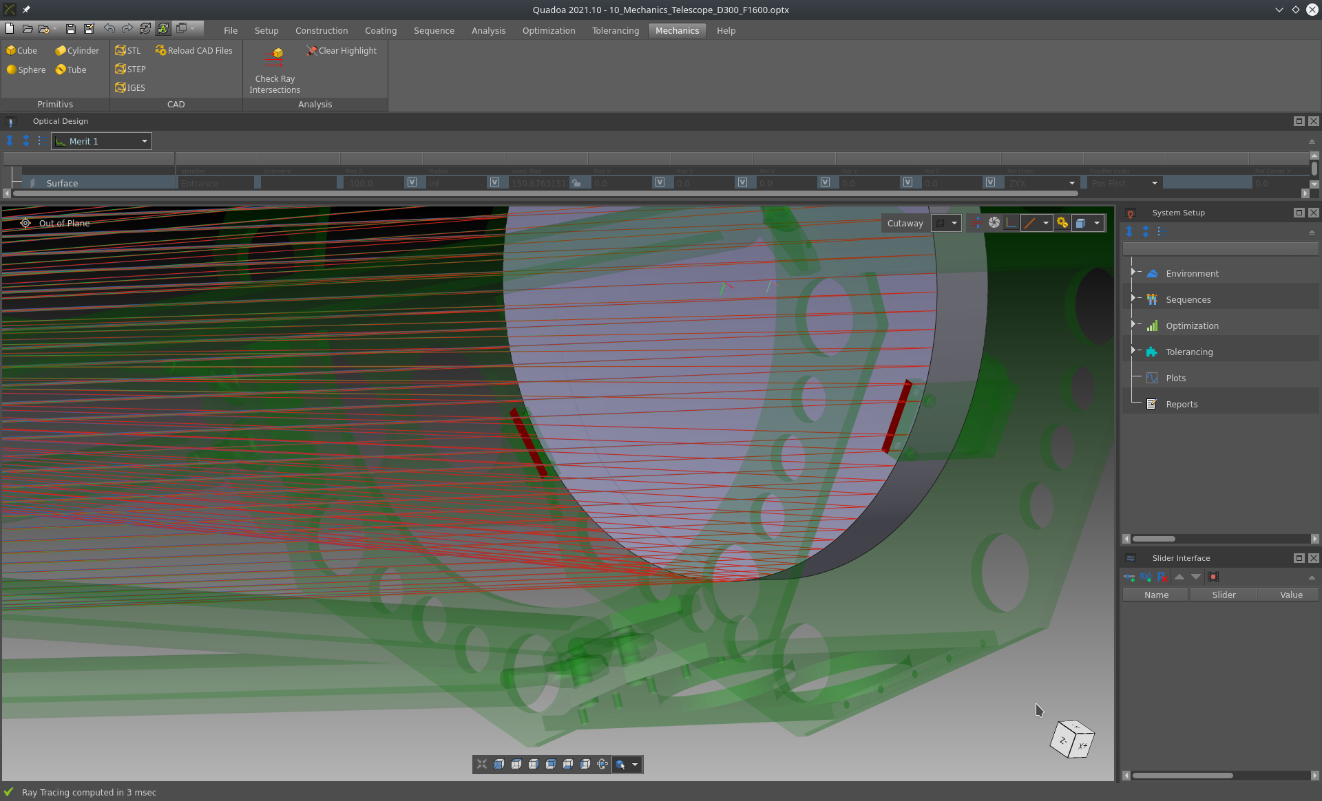 Mechanics-Ray intersection analyzer in the optical design software Quadoa Optical CAD