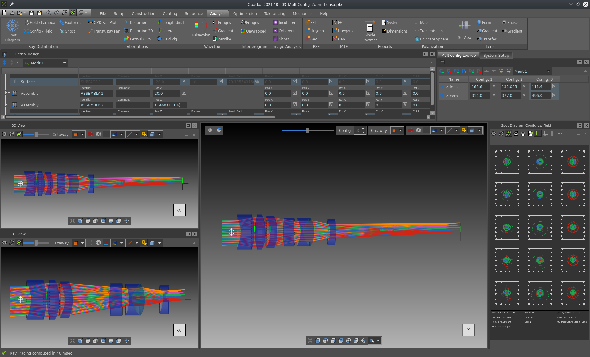Zoom lens system in the optical design software Quadoa Optical CAD