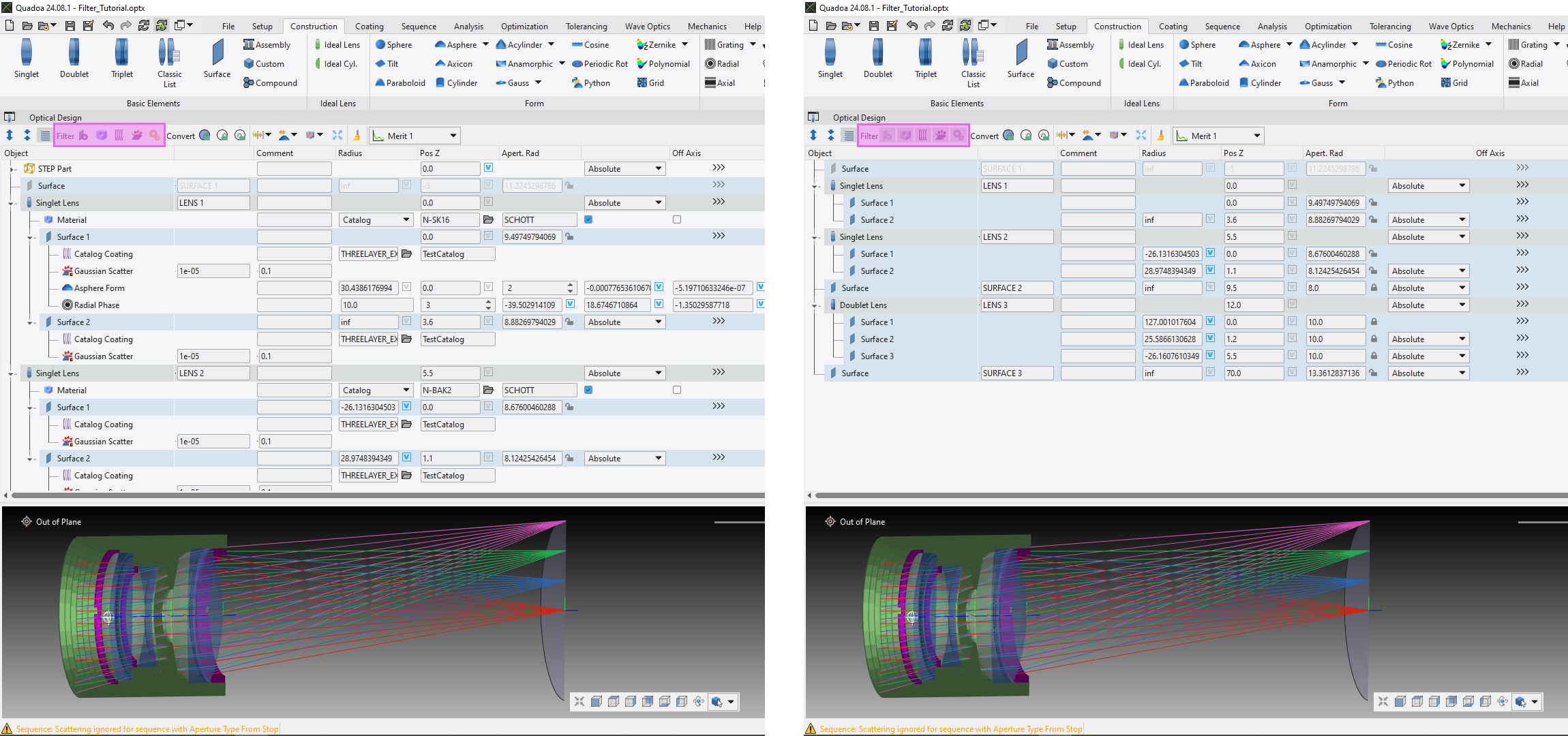 Quadoa Optical CAD Filters in Optical Design Editor