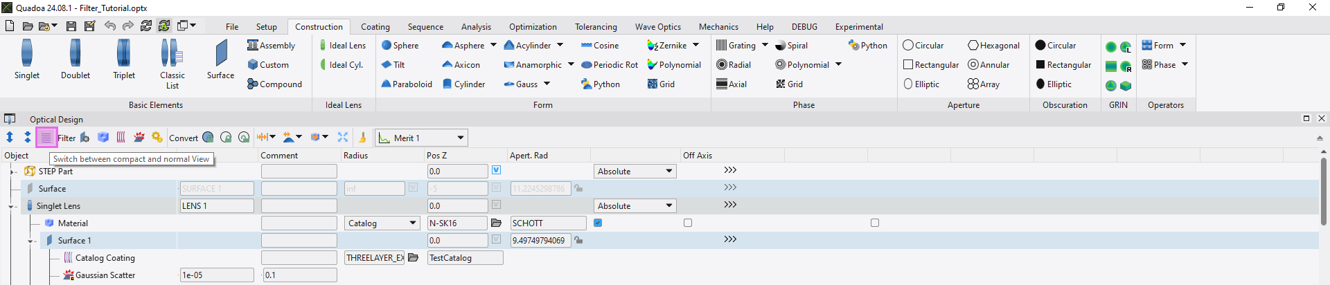 Quadoa Optical CAD Compact and Normal View in Optical Design Editor